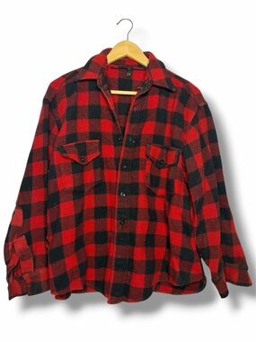 Vintage Red Black Buffalo Plaid Wool Hunting Shirt Distressed MCM 50s 60s